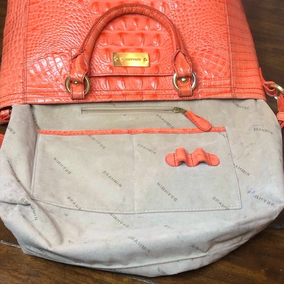 BRAHMIN Croc Embossed Leather Rolled Top Handle Tangerine Satchel Shoulder Bag - Picture 14 of 17